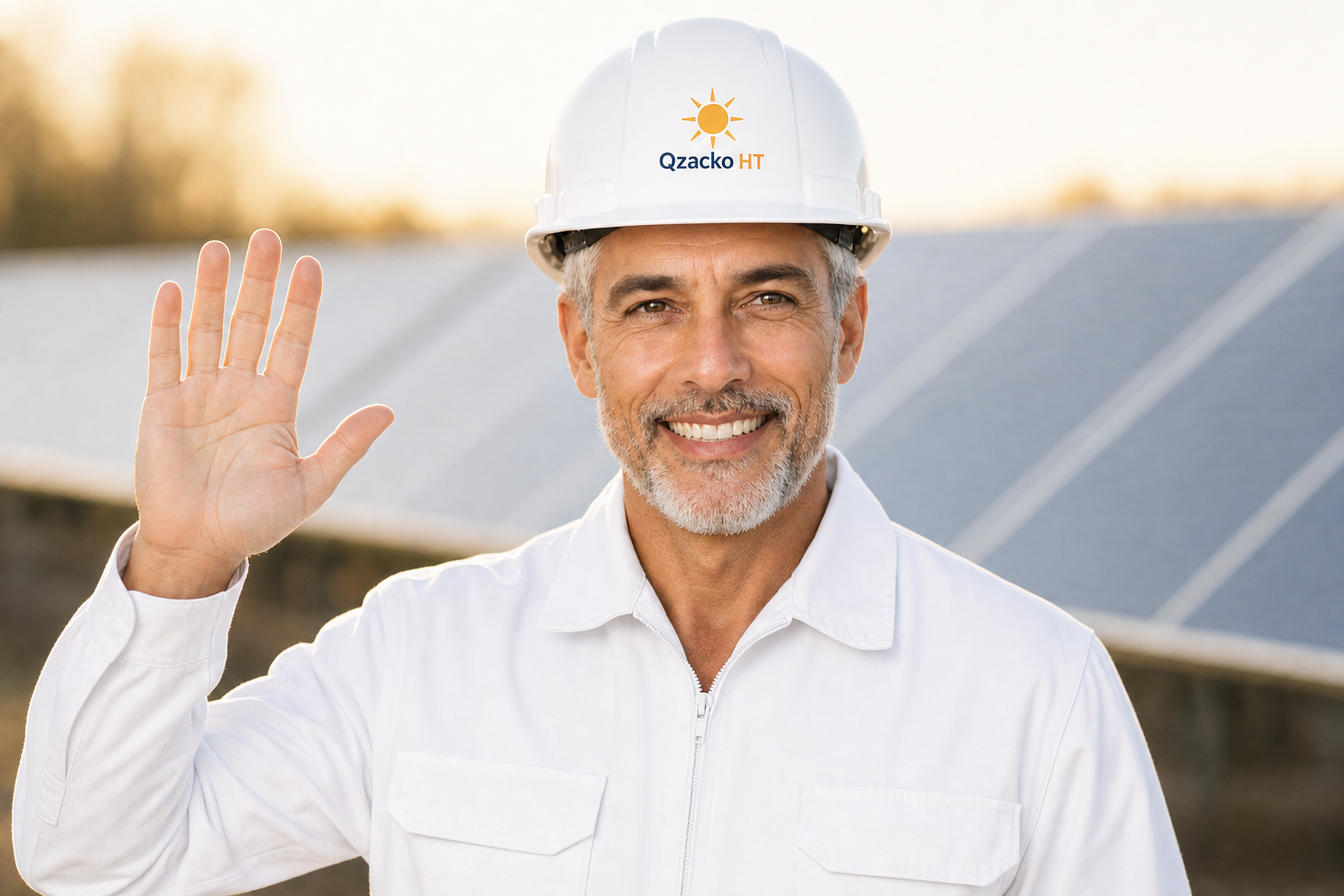 Qzacko Honnêteté CEO in white jumpsuit and white helmet with Qzacko HT yellow sun logo